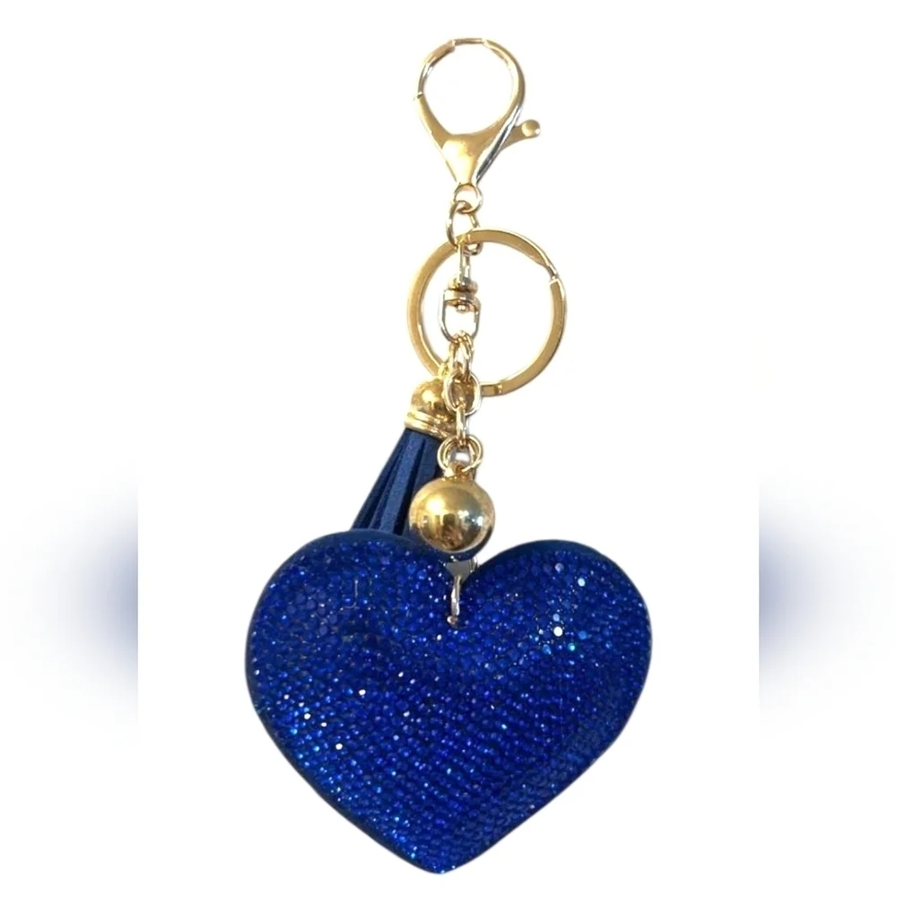 Blue Heart Keychain with Gold Accents, New
